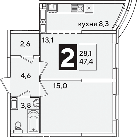 2-комн., 47.4 м², 10/16 этаж, ЖК «Самолет»