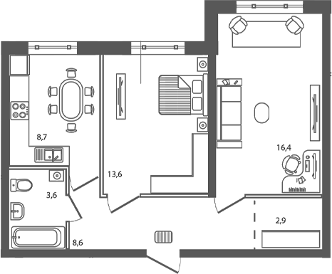 2-комн., 53.8 м², 1/9 этаж, ЖК «Сиреневый бульвар»