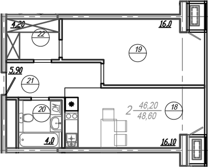 2-комн., 47.4 м², 14/19 этаж, ЖК «АКСИС Центр»