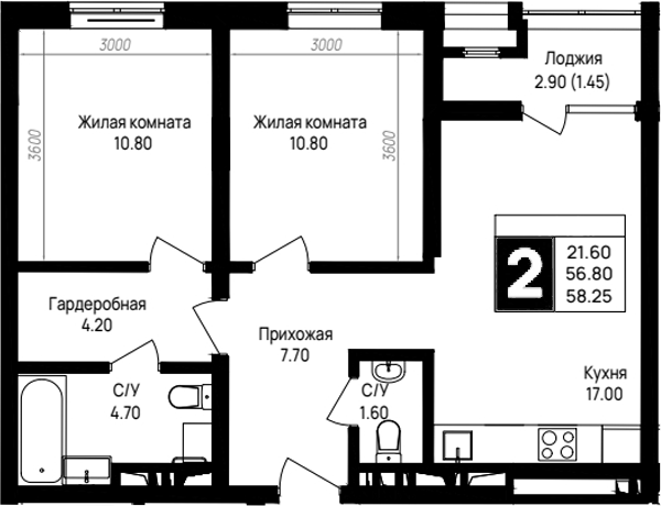 2-комн., 56.8 м², 10/12 этаж, ЖК «На высоком берегу»