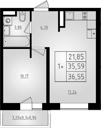 2-комн., 35.59 м², 6/8 этаж, ЖК «Мега 2»