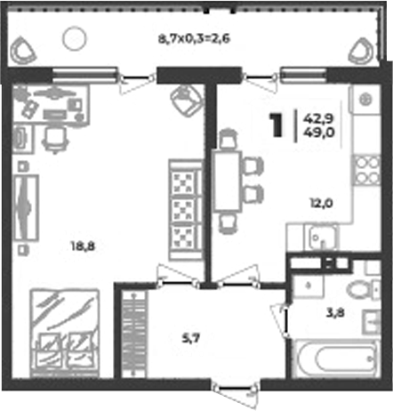 1-комн., 40.3 м², 3/9 этаж, ЖК «Лето»