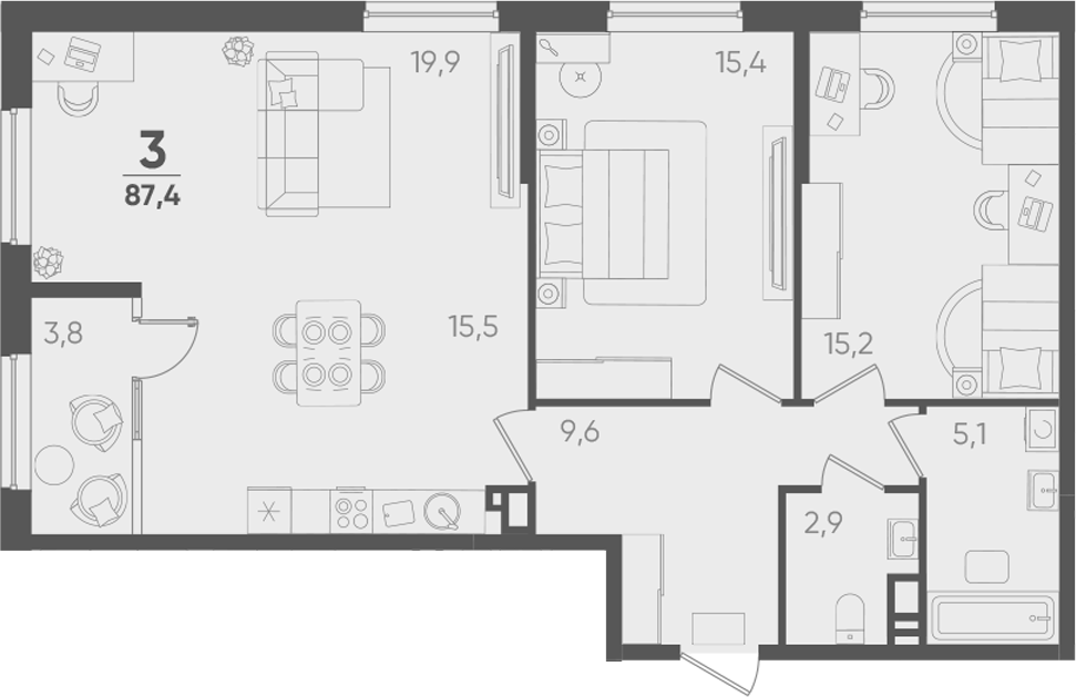 3-комн., 83.6 м², 5/9 этаж, ЖК «Барса»