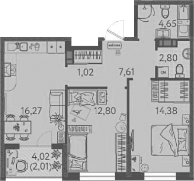 2-комн., 59.53 м², 8/8 этаж, ЖК «Друзья»