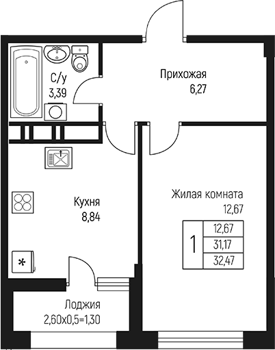 1-комн., 31.17 м², 10/10 этаж, ЖК «Ритм»
