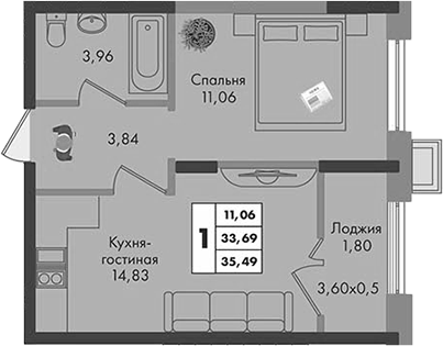 1-комн., 33.69 м², 9/9 этаж, ЖК «Зеленая территория»