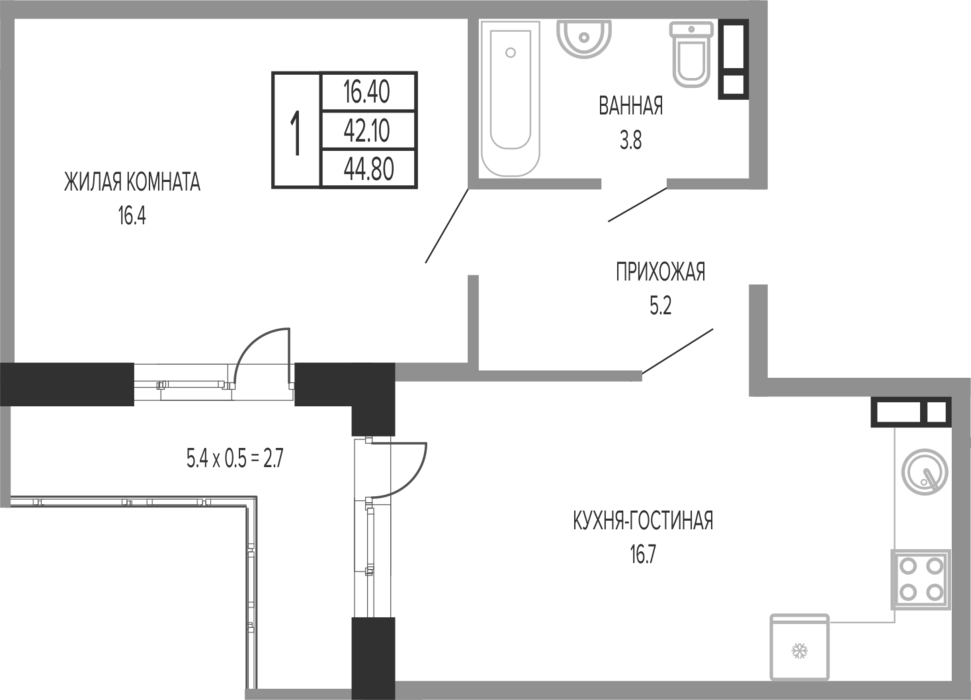 2-комн., 42.1 м², 12/17 этаж, ЖК «Екатерининский парк»