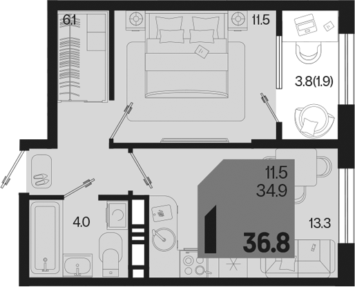 1-комн., 34.9 м², 9/18 этаж, ЖК «Первое место»