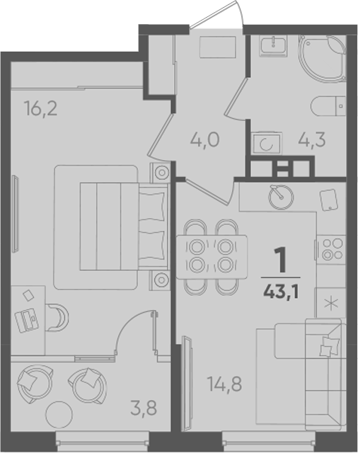 1-комн., 39.3 м², 6/9 этаж, ЖК «Барса»