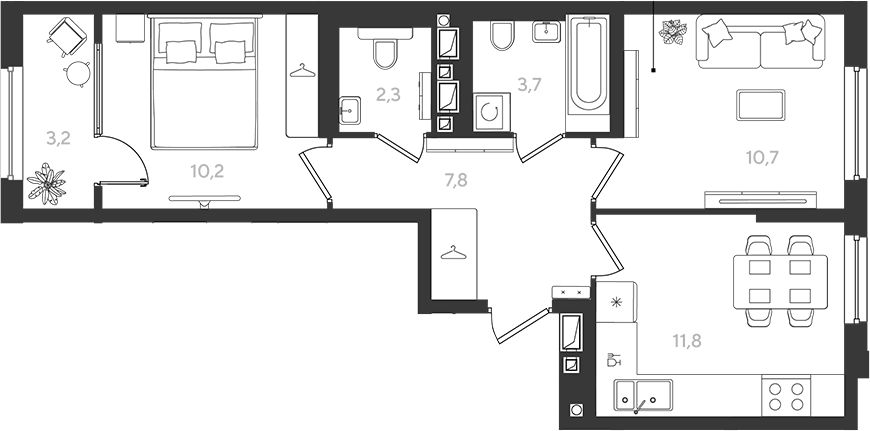 2-комн., 46.5 м², 7/9 этаж, ЖК «Самолет»