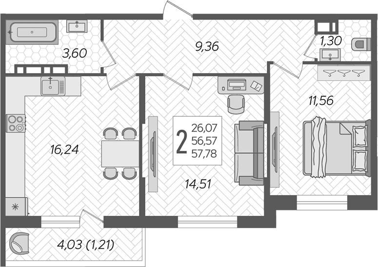 2-комн., 56.57 м², 2/12 этаж, ЖК «Смородина»