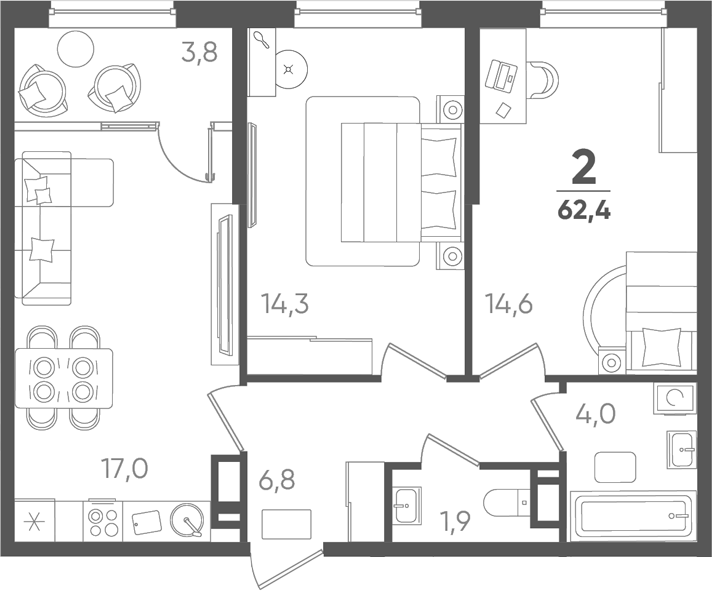 2-комн., 58.6 м², 16/18 этаж, ЖК «Барса»