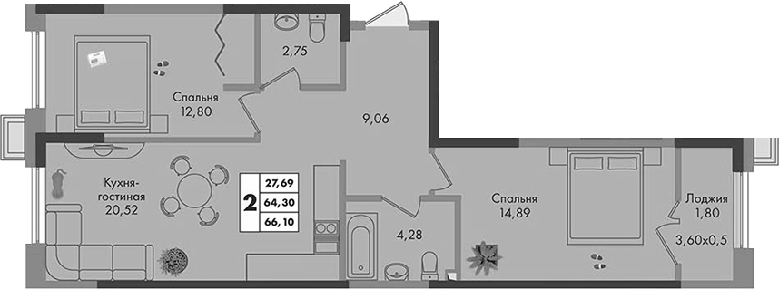 Продается 2-комн. квартира, 64.3 м²