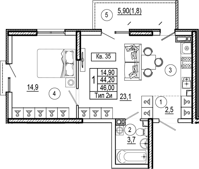 1-комн., 44.2 м², 5/7 этаж, ЖК «Аnapolis Residence»