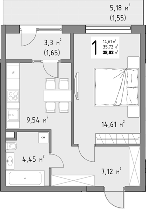 1-комн., 35.72 м², 3/15 этаж, ЖК «Коллекция»