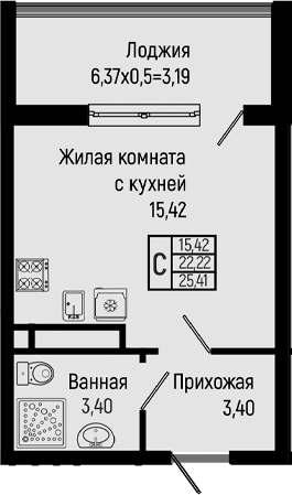 Студия, 22.22 м², 6/16 этаж, ЖК «Sun Hills Ольгинка»
