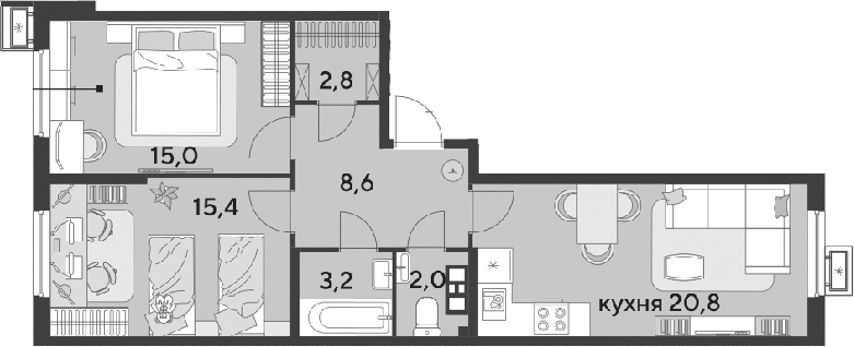 3-комн., 67.8 м², 6/18 этаж, ЖК «Парк Победы»