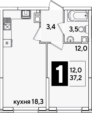 2-комн., 37.2 м², 4/16 этаж, ЖК «Самолет»