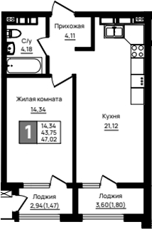 1-комн., 43.75 м², 14/18 этаж, ЖК «Резиденция морей»