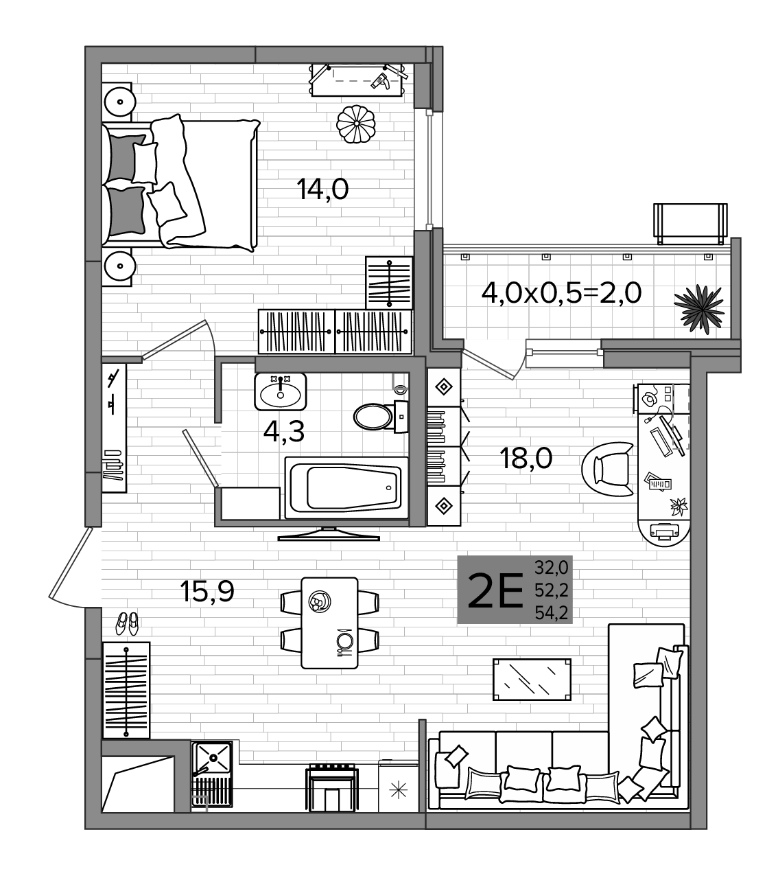 2-комн., 52.2 м², 2/16 этаж, ЖК «Сармат»