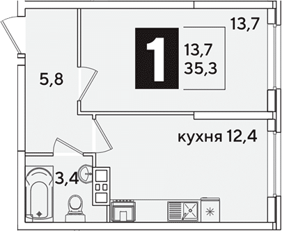 1-комн., 35.3 м², 6/16 этаж, ЖК «Самолет»