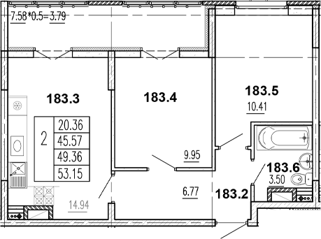 2-комн., 46.03 м², 5/8 этаж, ЖК «Центральный двор»