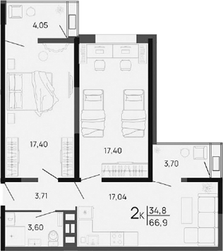 2-комн., 57.35 м², 2/16 этаж, ЖК «Парковый»