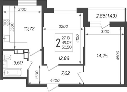 2-комн., 49.07 м², 15/16 этаж, ЖК «Смородина»