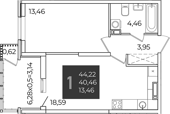 1-комн., 40.46 м², 21/21 этаж, ЖК «Образцово»