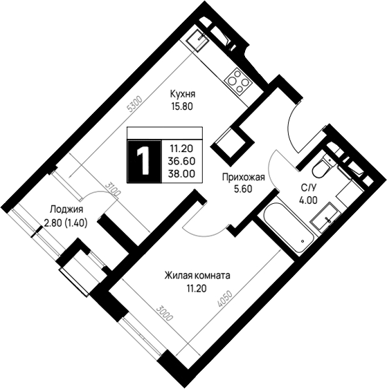 1-комн., 36.6 м², 6/12 этаж, ЖК «На высоком берегу»