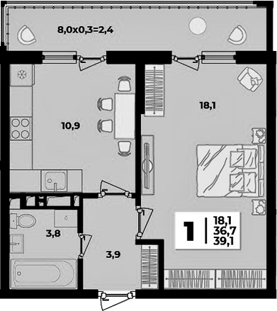 1-комн., 36.7 м², 4/9 этаж, ЖК «Лето»