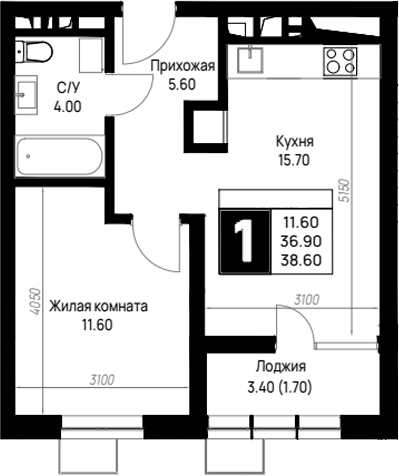 1-комн., 36.9 м², 3/12 этаж, ЖК «На высоком берегу»