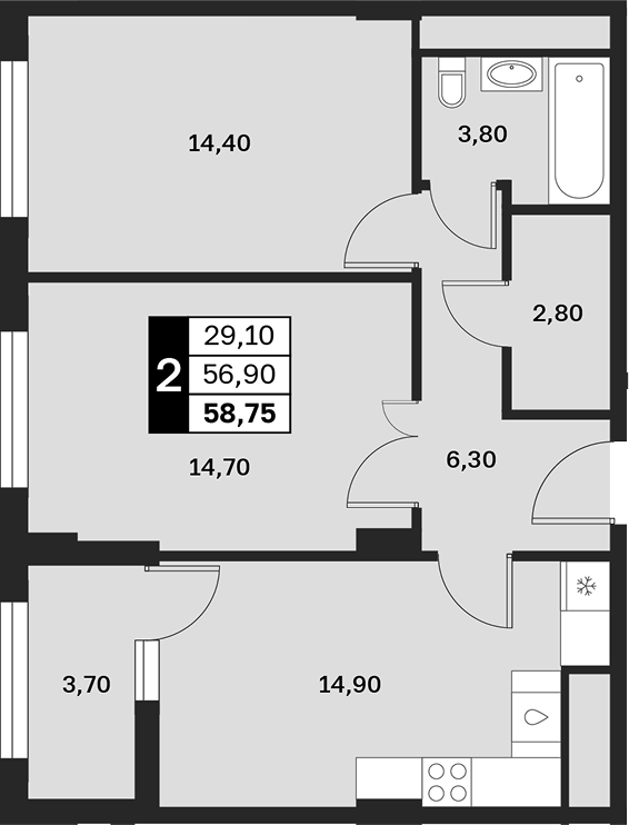 2-комн., 56.9 м², 8/9 этаж, ЖК «Аксис Патриот»