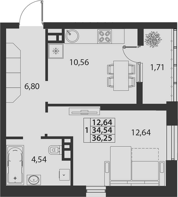 1-комн., 34.54 м², 2/7 этаж, ЖК «жилой квартал «Белые Росы (Динская)»»