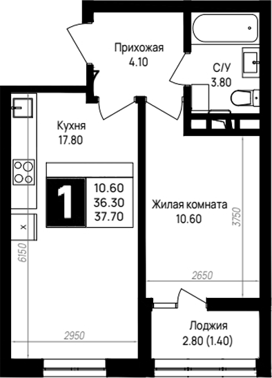 1-комн., 36.3 м², 5/9 этаж, ЖК «На высоком берегу»
