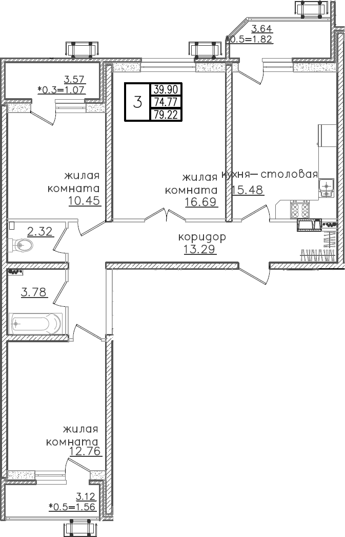 4+ комнаты, 74.77 м², 3/23 этаж, ЖК «Урал»