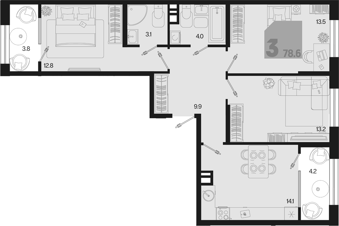 3-комн., 70.6 м², 3/9 этаж, ЖК «Первое место»