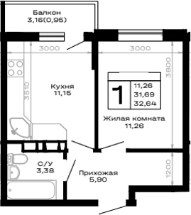 1-комн., 31.69 м², 15/16 этаж, ЖК «Горные высоты»