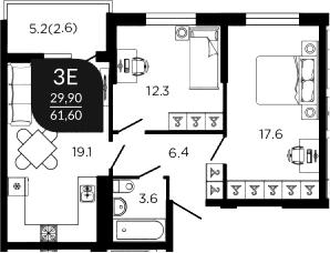 3-комн., 60.8 м², 5/22 этаж, ЖК «Отражение»