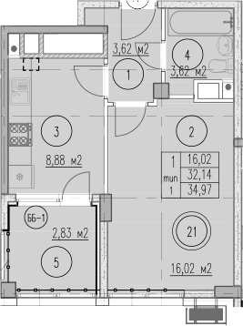 1-комн., 32.14 м², 4/10 этаж, ЖК «Agoy Park Residence by Lavicon»