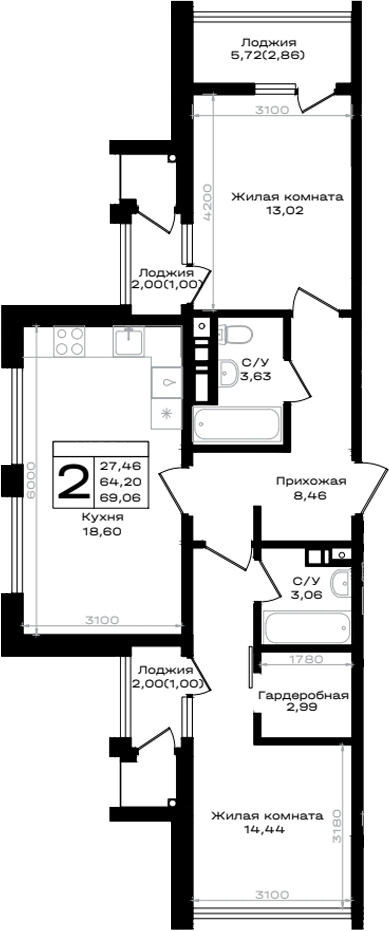 2-комн., 64.2 м², 9/9 этаж, ЖК «ЮЖНО»