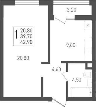 1-комн., 39.7 м², 1/8 этаж, ЖК «Югге»