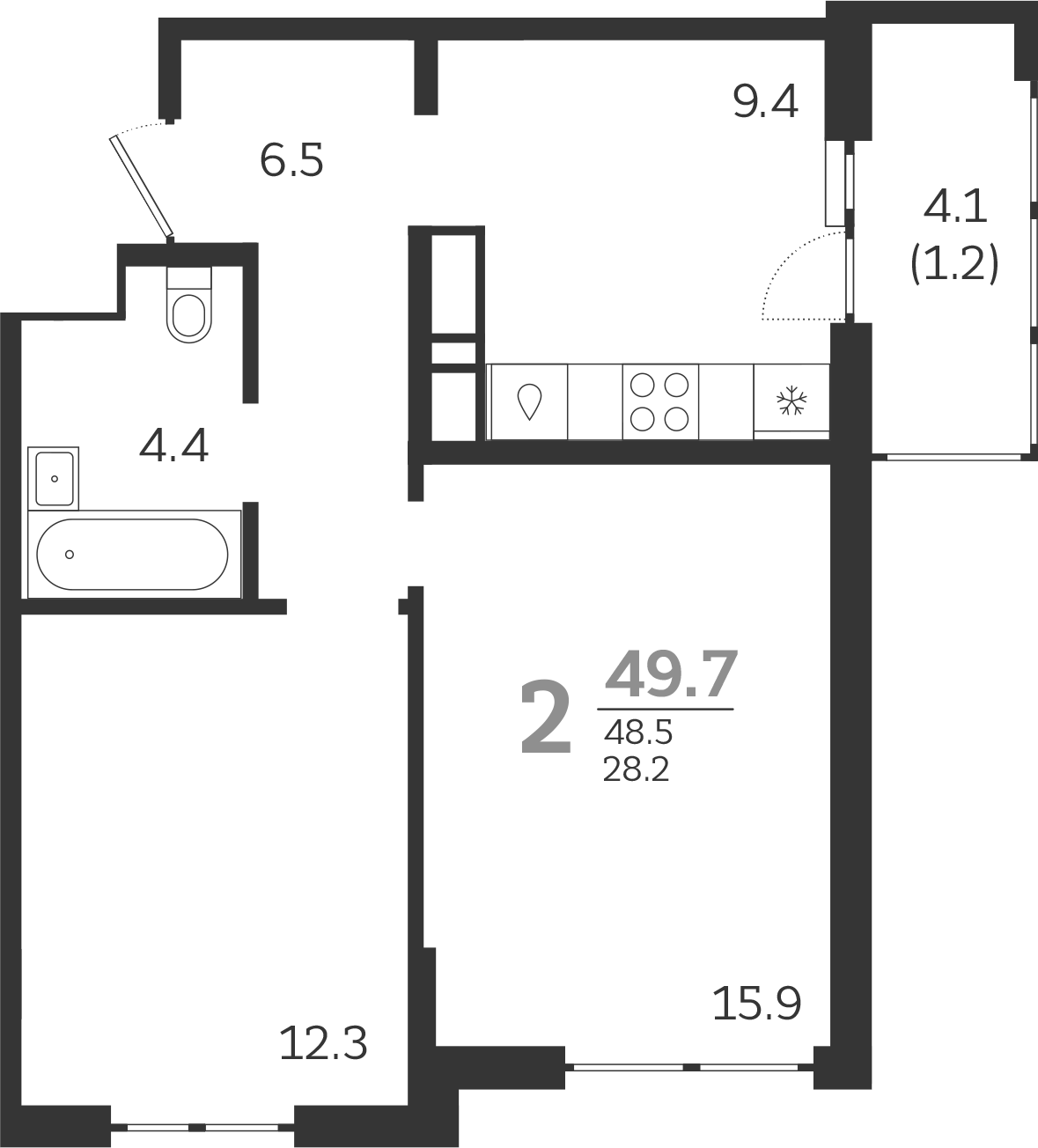 2-комн., 48.5 м², 14/24 этаж, ЖК «Все Свои VIP»