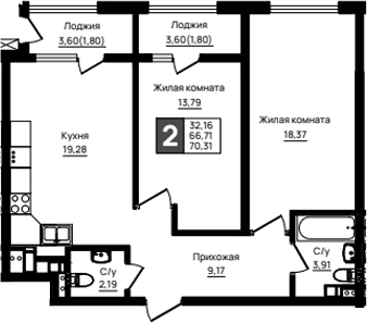 2-комн., 66.71 м², 2/18 этаж, ЖК «Резиденция морей»