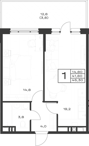 1-комн., 42.9 м², 1/4 этаж, ЖК «ЭкоСфера. ГК Во-первых»