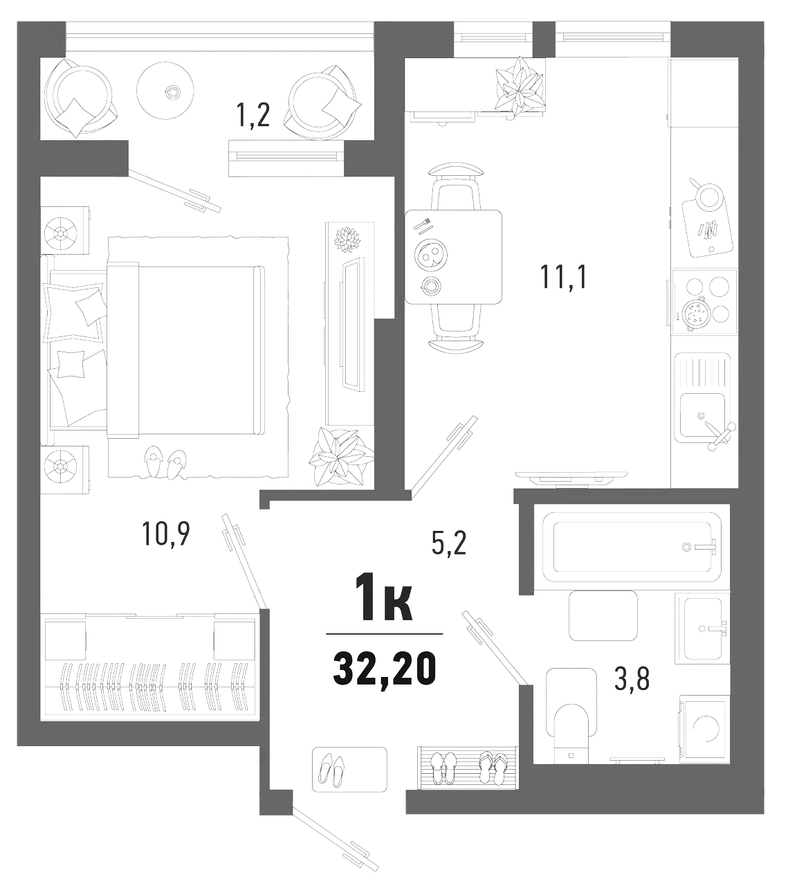 1-комн., 31 м², 11/15 этаж, ЖК «Барса»
