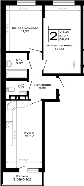 Продается 2-комн. квартира, 57.17 м²