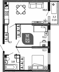 3-комн., 53.2 м², 18/23 этаж, ЖК «Облака»