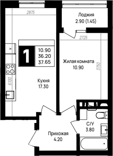 1-комн., 36.2 м², 8/9 этаж, ЖК «На высоком берегу»