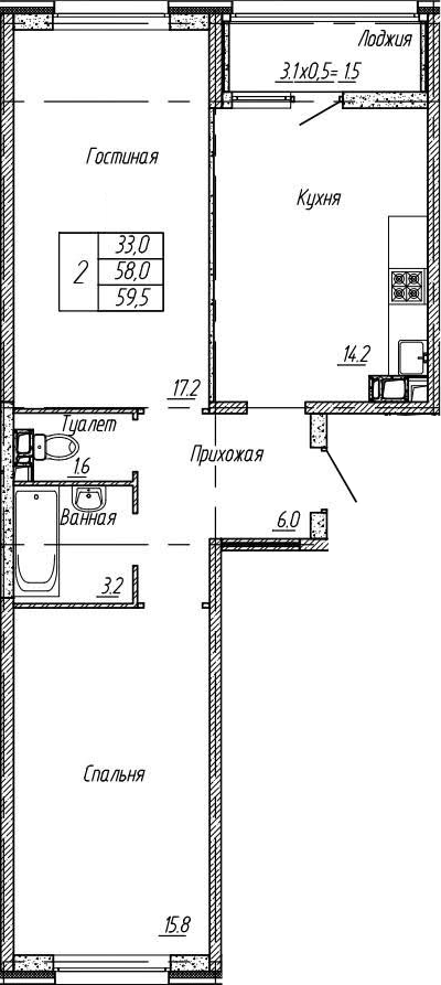 2-комн., 58 м², 16/18 этаж, ЖК «Архитектор. ГК ЮгСтройИнвест»